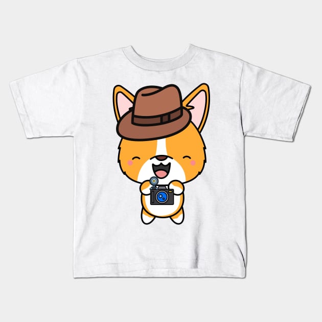 Funny corgi is holding a camera Kids T-Shirt by Pet Station